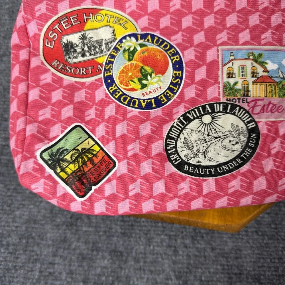Estee‎ Lauder Travel Cosmetic Bag Pink Pattern Stickers Design Zip Pouch